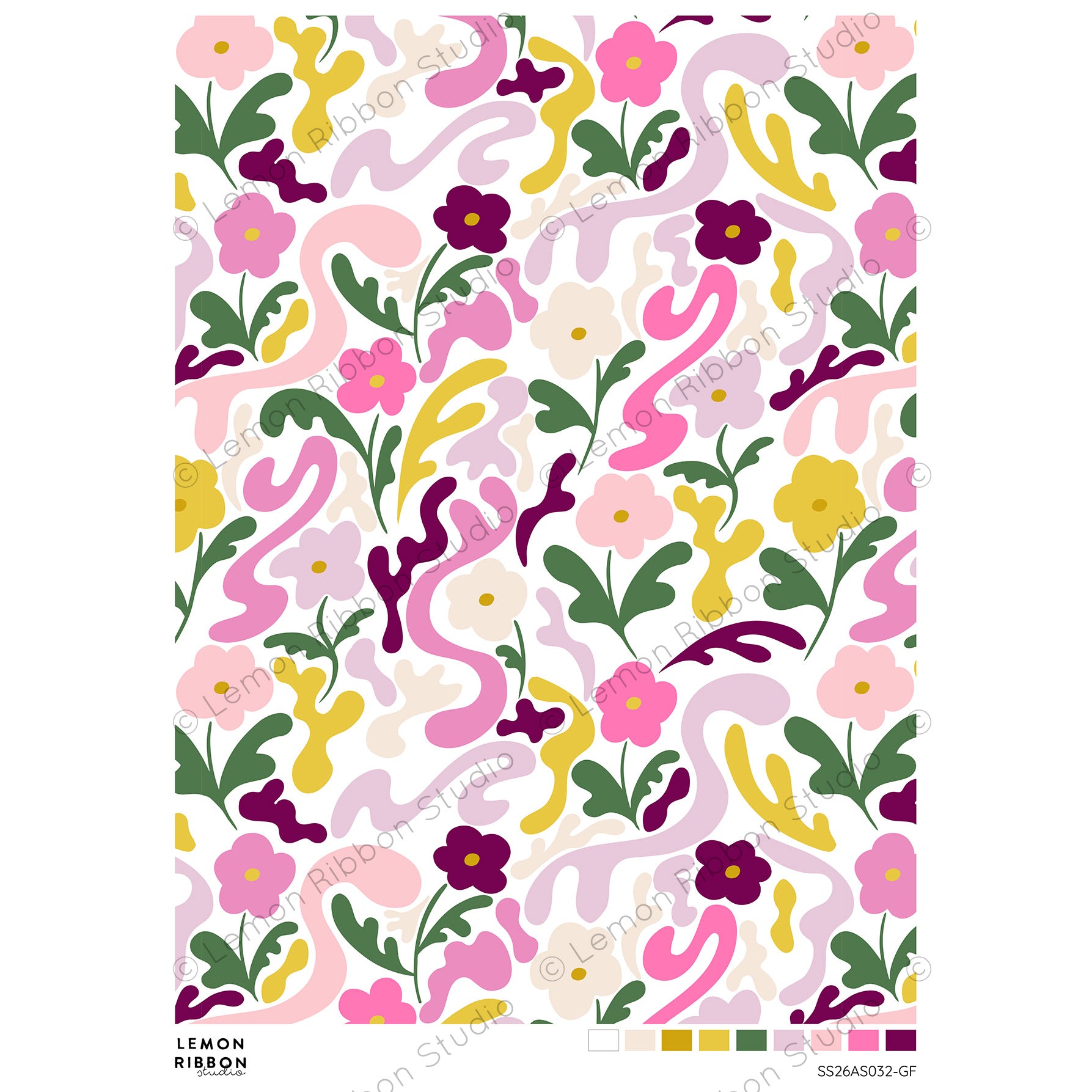 a pattern with flowers and leaves on a white background